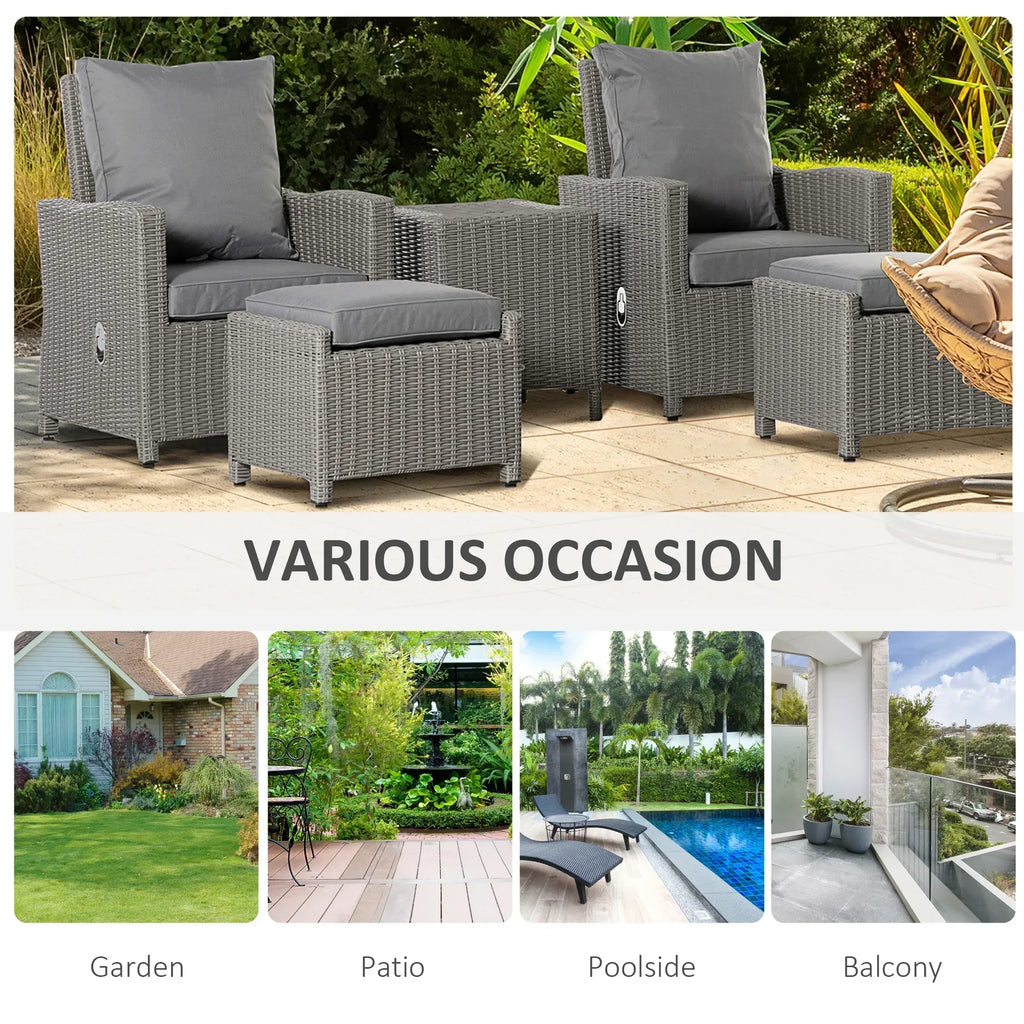 5 Pieces Outdoor PE Rattan Garden Furniture with Cushions, Patio Lounge Adjustable Backrest Chairs, Footstools and Cooler Bar Coffee Table & Cover, Grey - Bobobiy