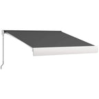 Grey electric cassette awning with extended dark fabric canopy