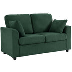 Dark green corduroy 2-seat sofa with two throw pillows and tufted cushions