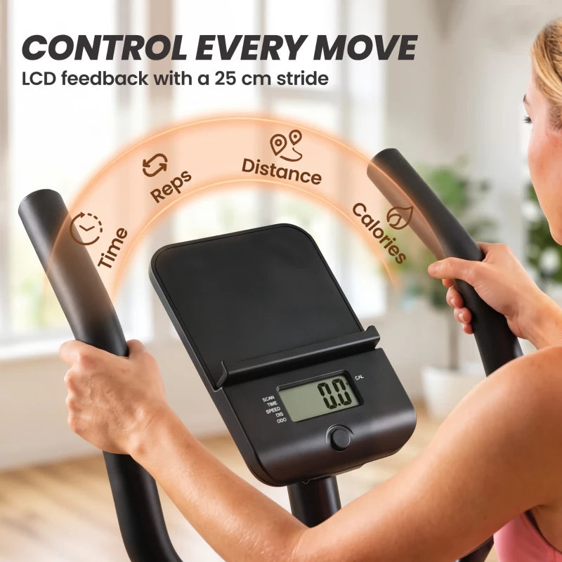 Black elliptical cross trainer LCD display console with stride feedback
