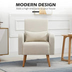 Cream upholstered lounge armchair with back pillow and seat cushion on wooden legs