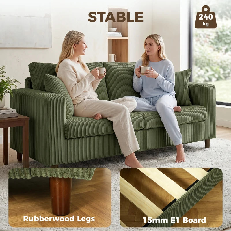 Green corduroy 2-seater sofa with rubberwood legs and supportive seat