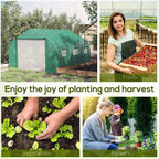 Green outdoor walk-in greenhouse with mesh panels and PE cover, full structure view