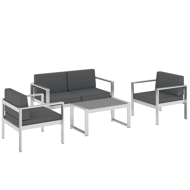 Dark grey 4-seat garden sofa set with brushed aluminium frame and padded seat cushions