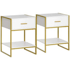 Modern bedside tables, white drawers with open shelves and gold metal frame, set of 2