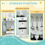 White kids toy kitchen with storage shelves, non-woven drawers and utensil hooks