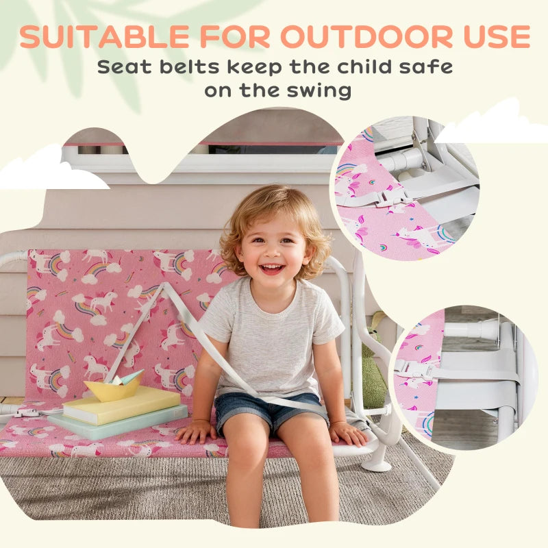 Kids pink swing bench with seat belts and unicorn-pattern canopy, child seated