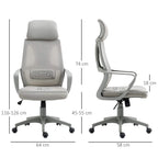 Grey office chair with headrest and armrests; height and width measurement diagram