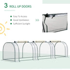 Clear mini greenhouse polytunnel with steel frame and roll-up doors along the front