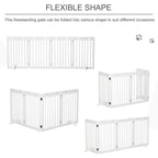 White foldable wooden pet gate shown in multiple folded shapes for placement flexibility