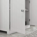 White double-door under-sink cabinet with metal pull handle and side shelf opening