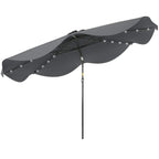 Dark grey patio umbrella canopy with LED string lights and center support pole