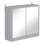 Grey wall-mounted mirror cabinet with double doors and storage shelf