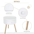 White round bedside table details: painted surface, round handle, solid wood legs