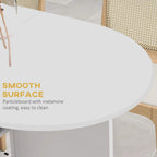 White drop-leaf dining table with melamine tabletop and rounded corners, shown up close