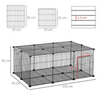 Black metal small animal playpen cage with hinged door and visible size measurements