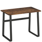 Industrial writing desk with brown wood-look top and black metal U-frame legs