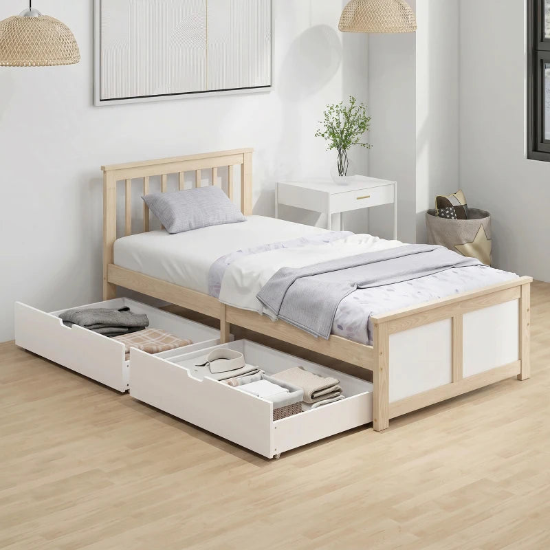 Pine storage bed with headboard and open pull-out drawers for clothing storage