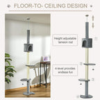 Light grey cat tree condo with sisal rope scratching post and hanging ball accessory