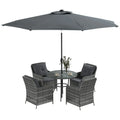 4 Seater Rattan Dining Set with Parasol & Cushions - Mixed Grey - Bobobiy
