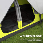 Yellow and gray camping tent showing welded floor and support poles