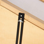 Close-up of black metal latch/hinge on wooden cold frame greenhouse door