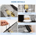 Black bird cage interior with perches, feed cups, and handle