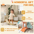 Orange wooden balance board for kids, child standing while balancing on the rocker