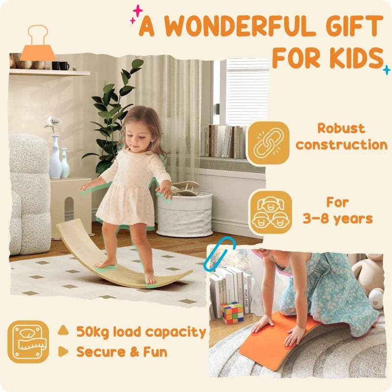 Orange wooden balance board for kids, child standing while balancing on the rocker