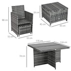 Grey rattan armchair with seat cushion, plus glass-top dining table and matching ottoman