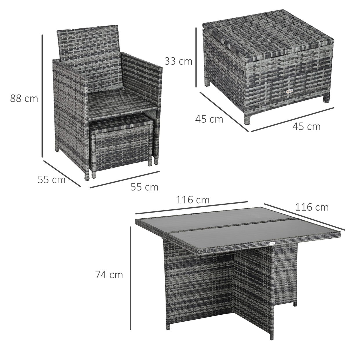 Grey rattan chair, storage stool and glass-top table with dimensions