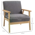 Grey upholstered accent chair with padded seat, light wood arms, and backrest