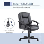 Black PU leather office chair with height adjustment lever, padded headrest, and swivel base