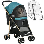 Pet stroller with teal canopy, black mesh sides, and protective rain cover