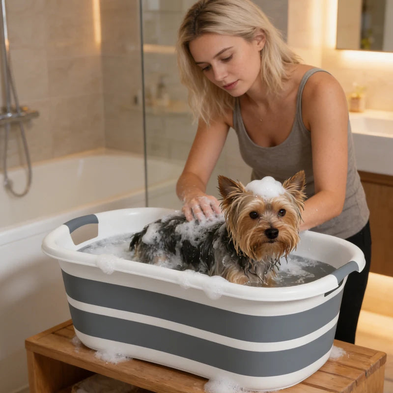 Dog bath tub in use with a small dog being washed in soapy water
