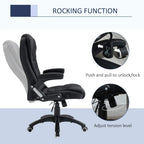 Black ergonomic office chair showing reclining-rocking style with padded armrests and seat.