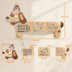Wooden dachshund busy board play panel with maze, gears, and bead number frame