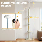 Beige floor-to-ceiling cat tower with adjustable height tension rod and sisal scratching posts