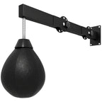 Wall-mounted speed bag with black teardrop punch bag and extended steel mounting arm
