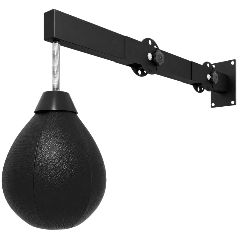 Wall-mounted speed bag with black teardrop punch bag and extended steel mounting arm