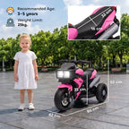 Pink 3-wheel ride-on motorcycle toy with black seat and handlebar front LED headlight.
