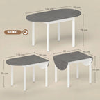 Grey drop-leaf wooden dining table with white legs and curved grey top