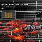 Black charcoal BBQ grill interior with removable middle grate and fire below