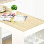 Natural wood tabletop on a white bar table with open shelf compartments below.