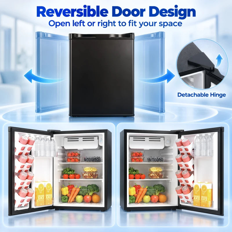 Black mini fridge with reversible door design showing open left and right configurations.
