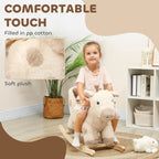 Beige plush giraffe ride-on rocker with soft padded body and wooden rocking base