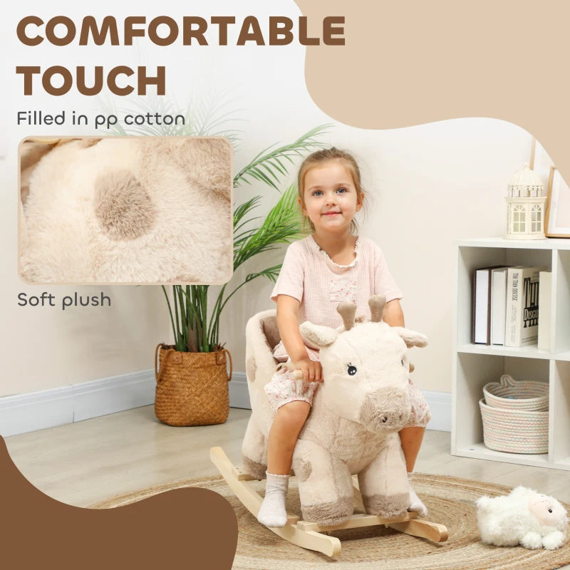 Beige plush giraffe ride-on rocker with soft padded body and wooden rocking base