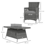 Grey rattan fire pit table with glass windscreen and matching cushioned dining chair measurements