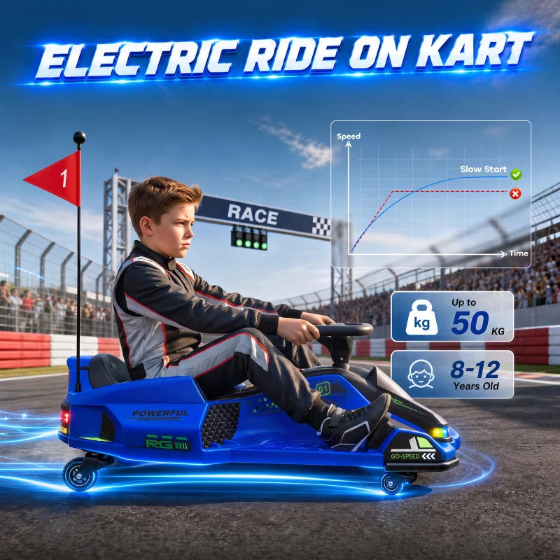 Blue electric ride-on kart with child seated, blue underglow and LED tail lights