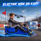 Blue electric ride-on kart with child seated, blue underglow and LED tail lights